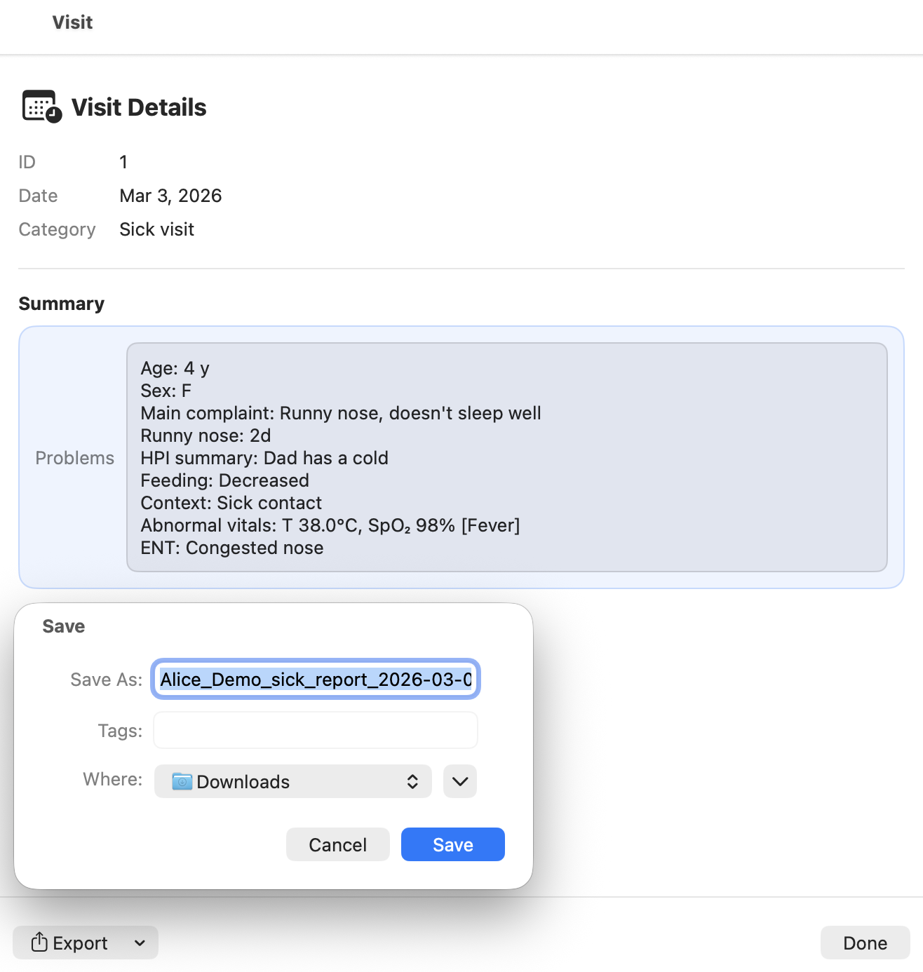 CareFlow Kids — Generate report dialog