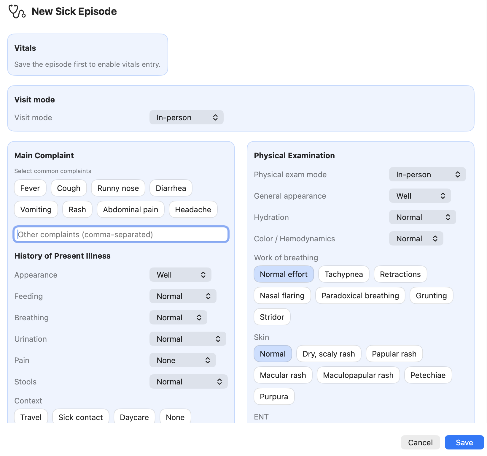 CareFlow Kids — Sick visit form