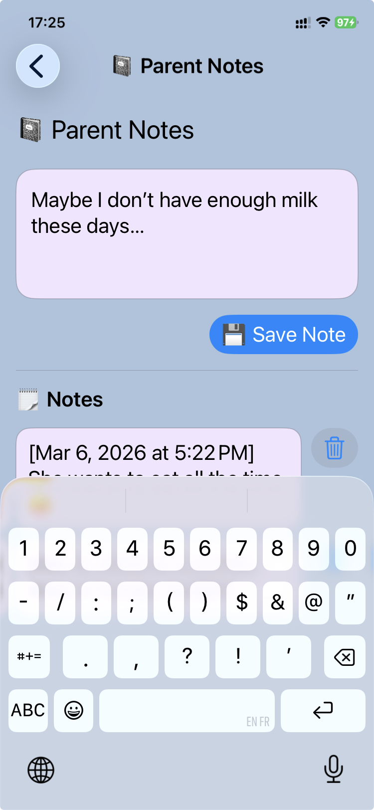 CareView Family — Notes screen